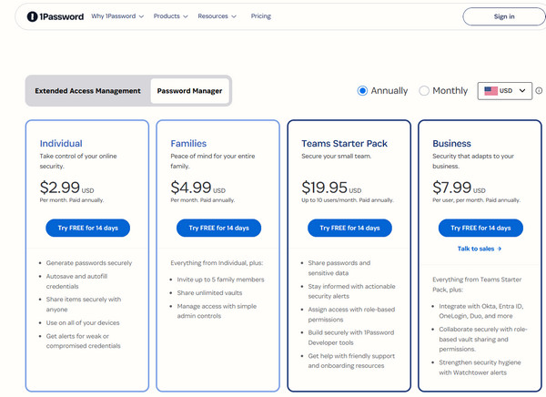 Plano de preços 1Password