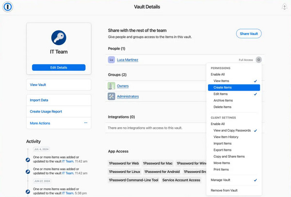 Interface do usuário do 1Password
