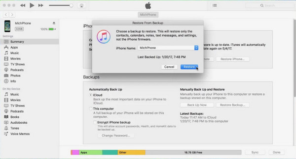 Restaurer la sauvegarde iTunes