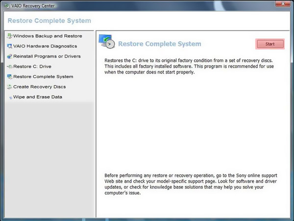 Start to Restore Complete System