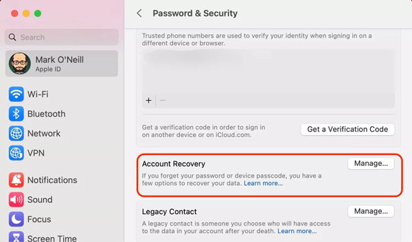 MacOS Account Recovery Section
