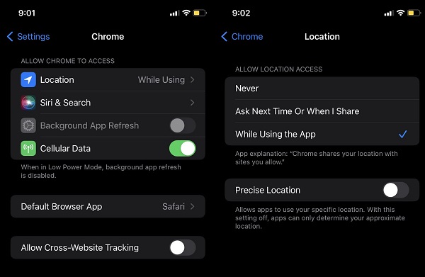 Chrome Location Settings iPhone