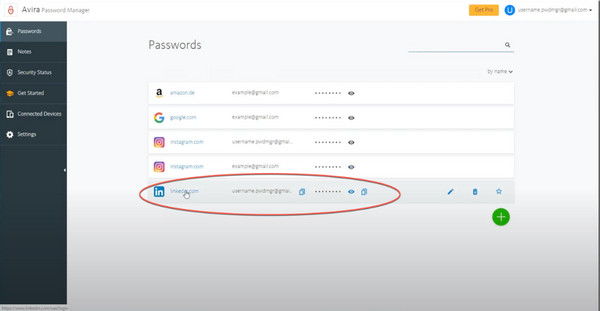 Interface do Avira Password Manager