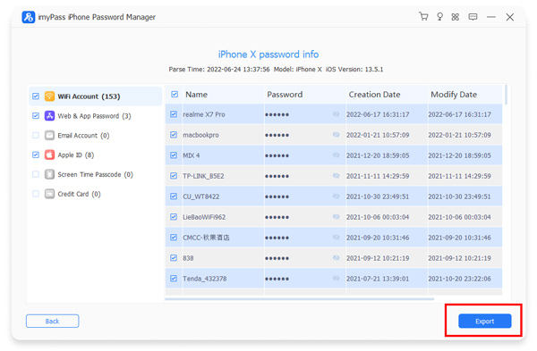 Exportar senhas digitalizadas Imypass