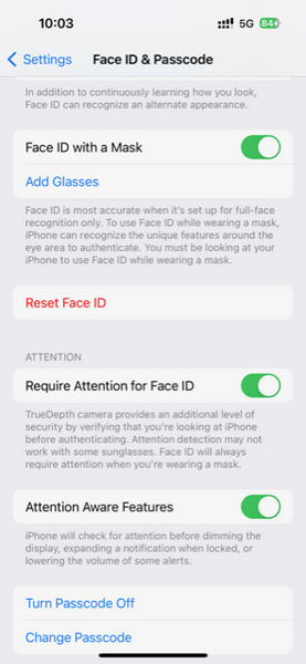 Wymagaj uwagi dla Face ID