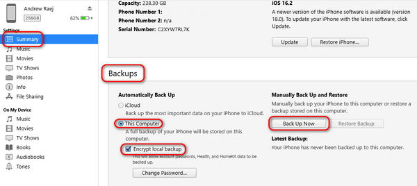 Set iTunes Backup Password