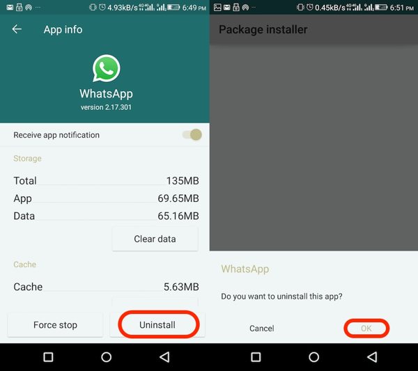 Uninstall Whatsapp Android