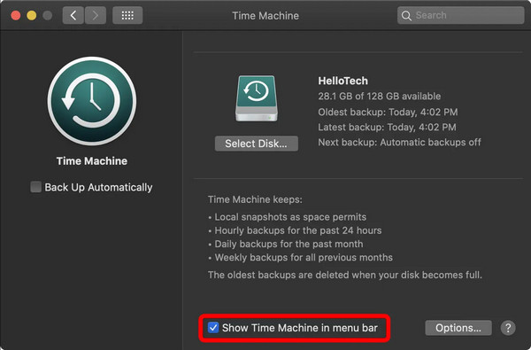 Verifique Mostrar Time Machine na Barra de Menu