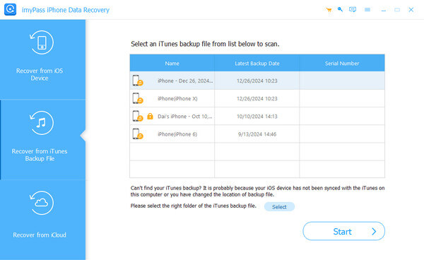 Imypass Recuperar do arquivo de backup do iTunes