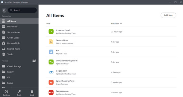 Interface utilisateur Nordpass