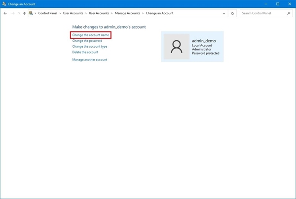 Panneau de configuration de changement de nom
