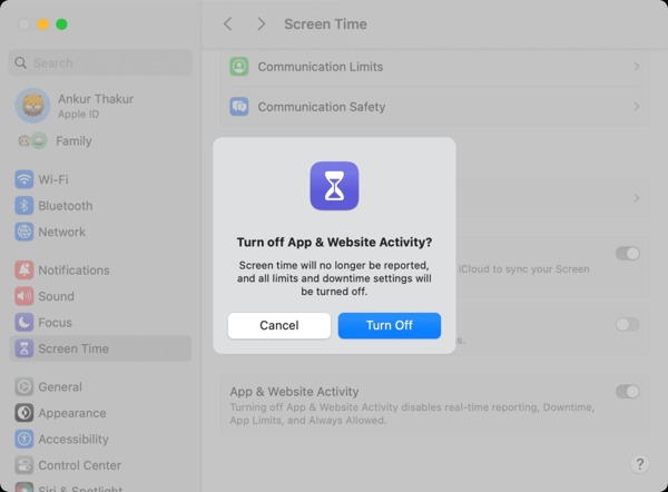 Disattiva l'attività del sito web dell'app Mac