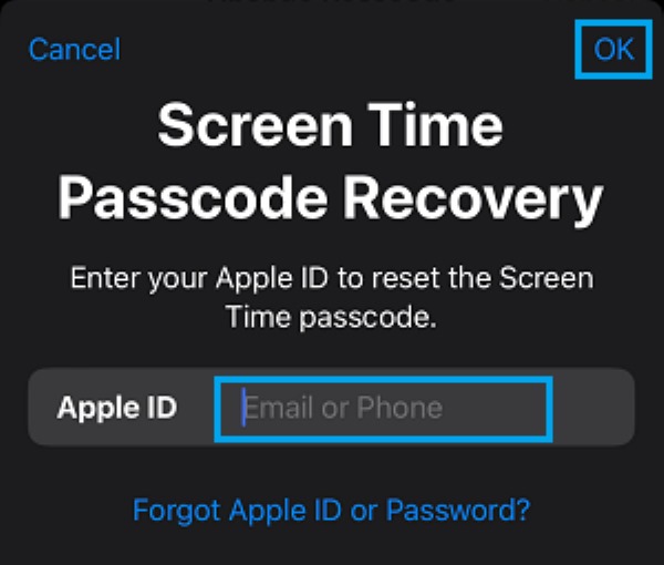 Digite a senha do ID Apple para redefinir a senha do tempo de tela